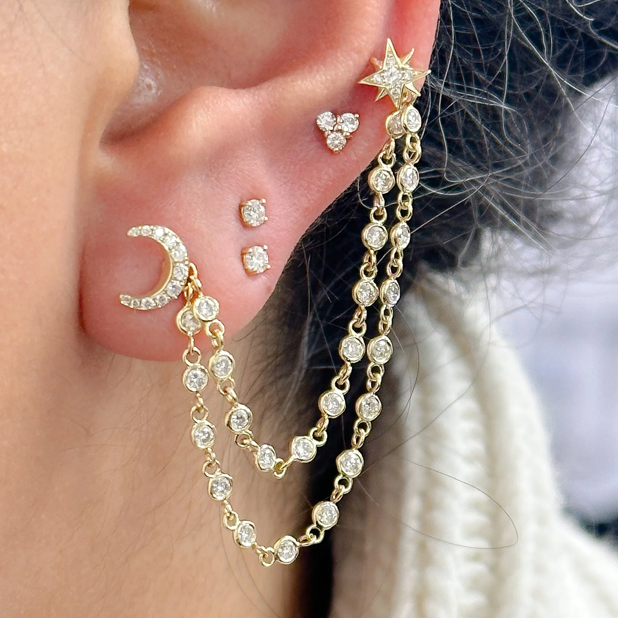14K Gold Dangle Double Diamond Chain Earring Jacket