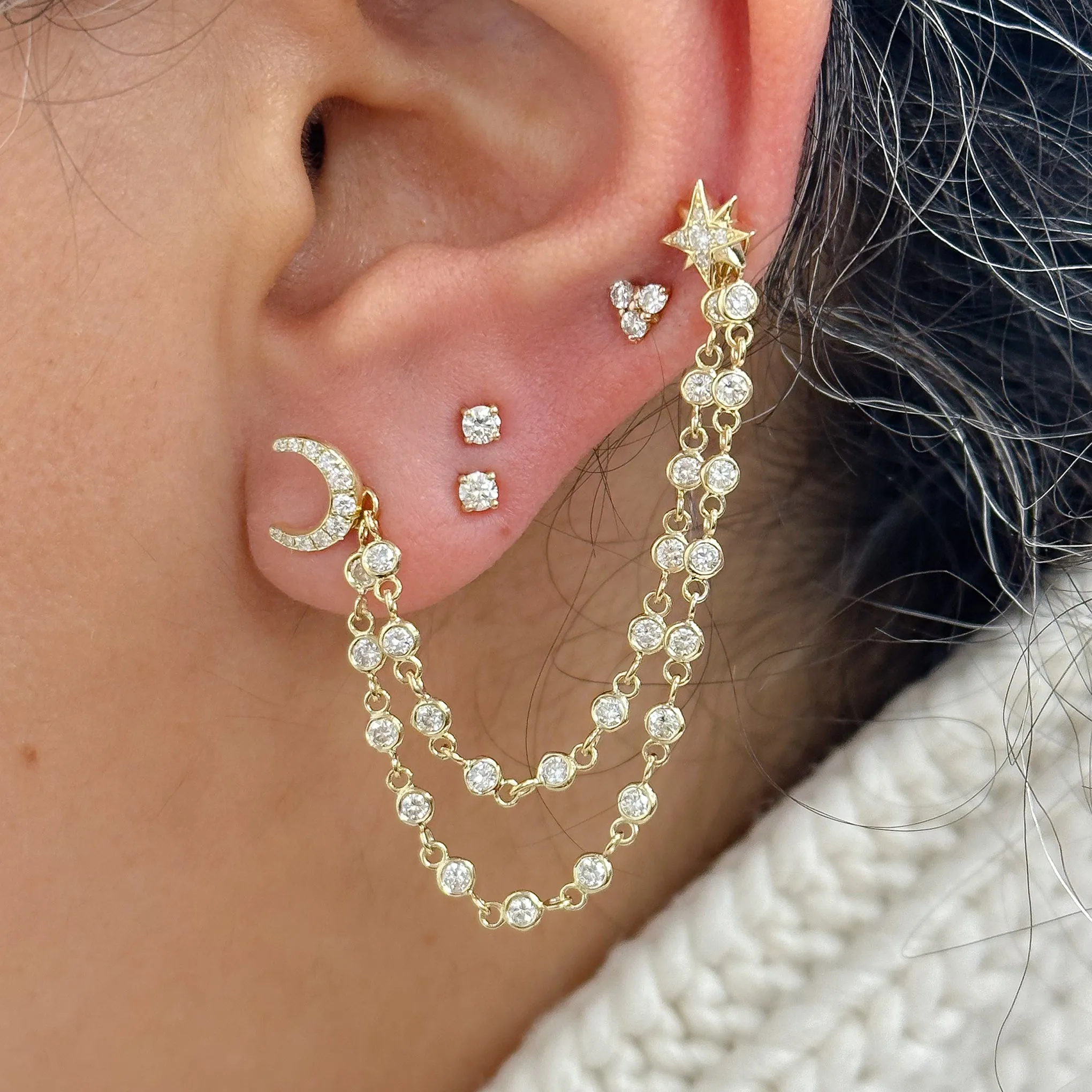 14K Gold Dangle Double Diamond Chain Earring Jacket
