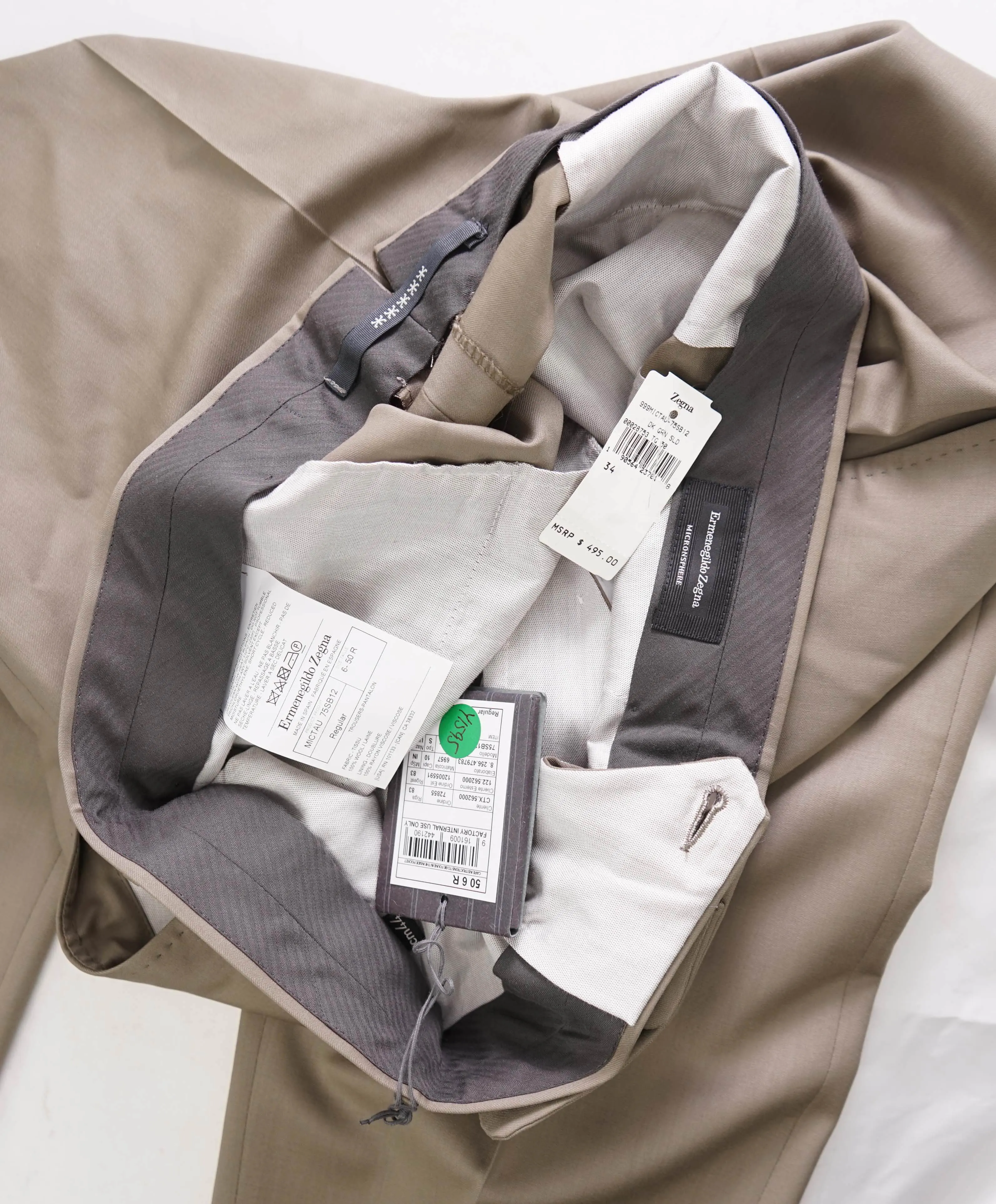 $600 ERMENEGILDO ZEGNA -  Taupe ICRONSPHERE Premium Dress Pants - 34W (50EU)