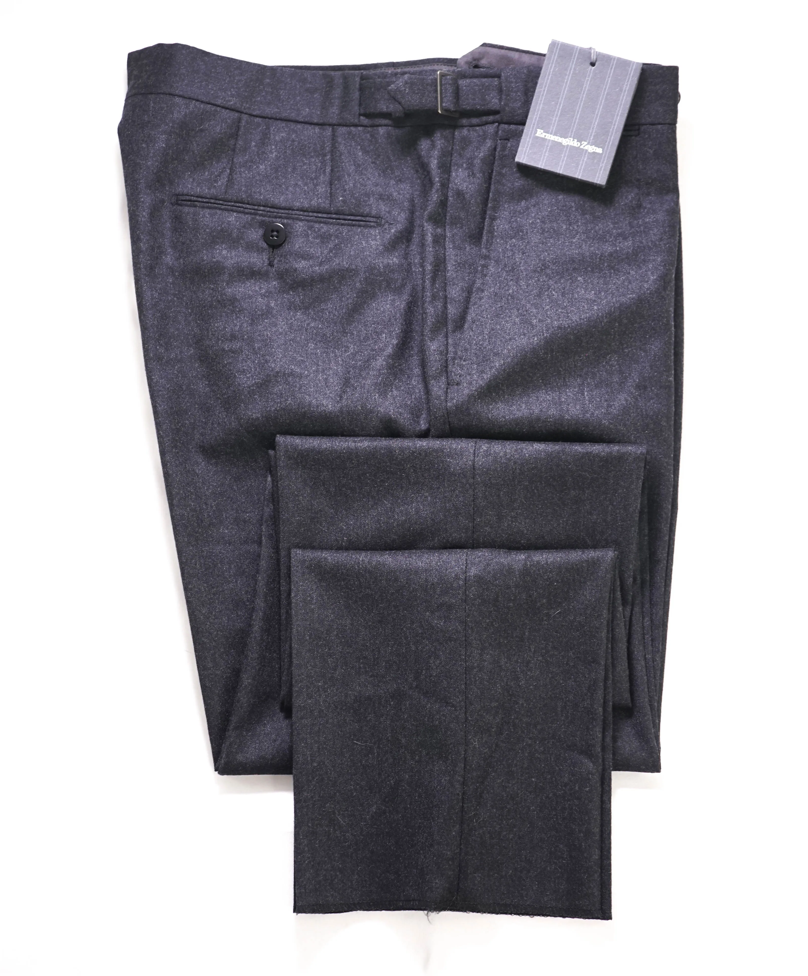 $895 ERMENEGILDO ZEGNA -"SIDE TABS" Flannel Flat Front Dress Pants - 34W (50EU)
