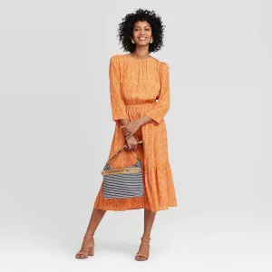 A New Day Women's Floral Print 3/4 Sleeve Tiered Dress 77606718 Orange XL
