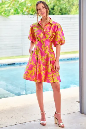 ALICIA JACQUARD PRINT DRESS - PINK CHARTRUESE