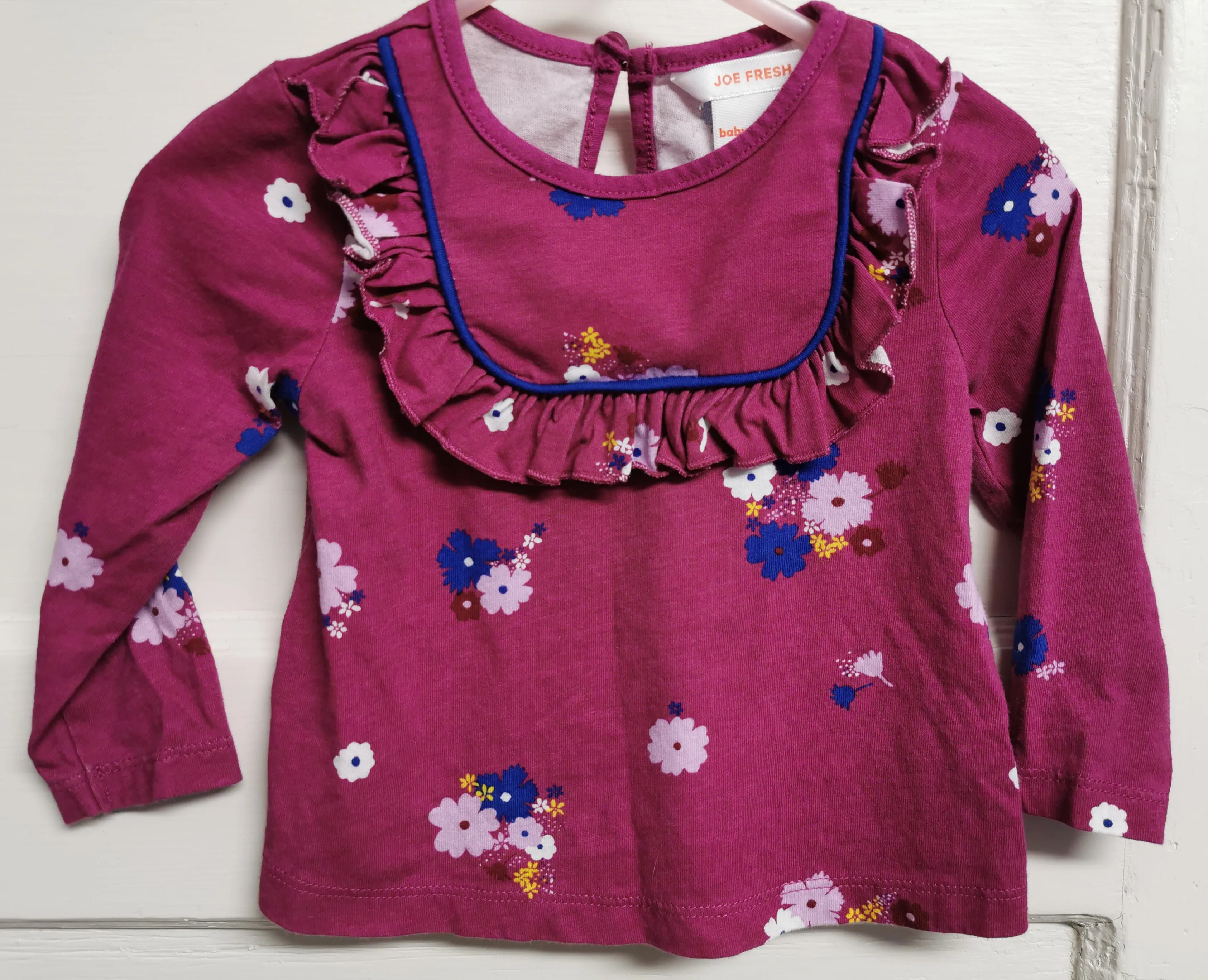 BABY GIRL SIZE 6/12 MONTHS - JOE FRESH, Floral Ruffled T-Shirt Top EUC B32