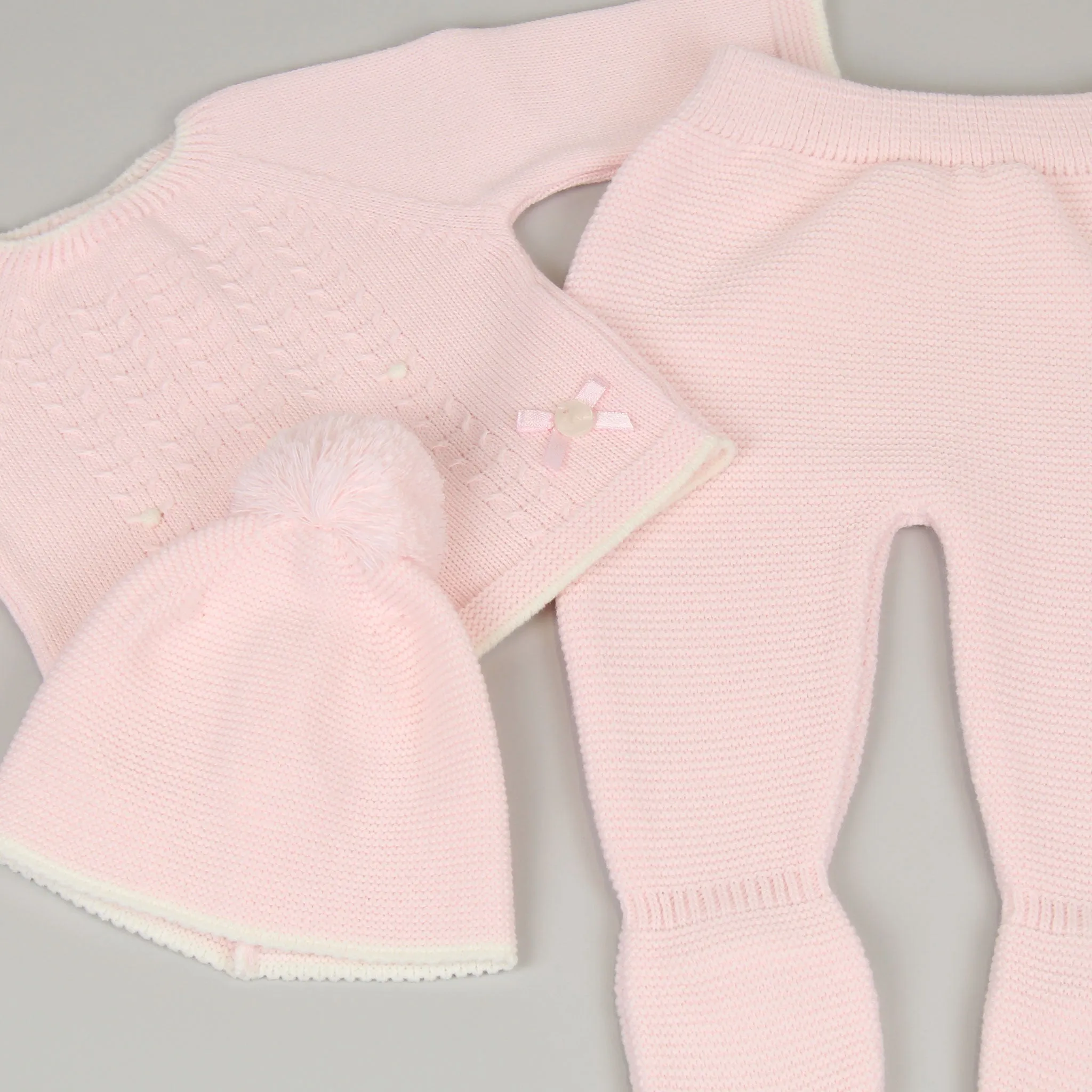 Baby Girls 3 Piece Knitted Outfit - Trousers, Top & Hat - Pink