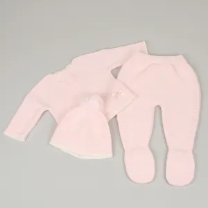 Baby Girls 3 Piece Knitted Outfit - Trousers, Top & Hat - Pink