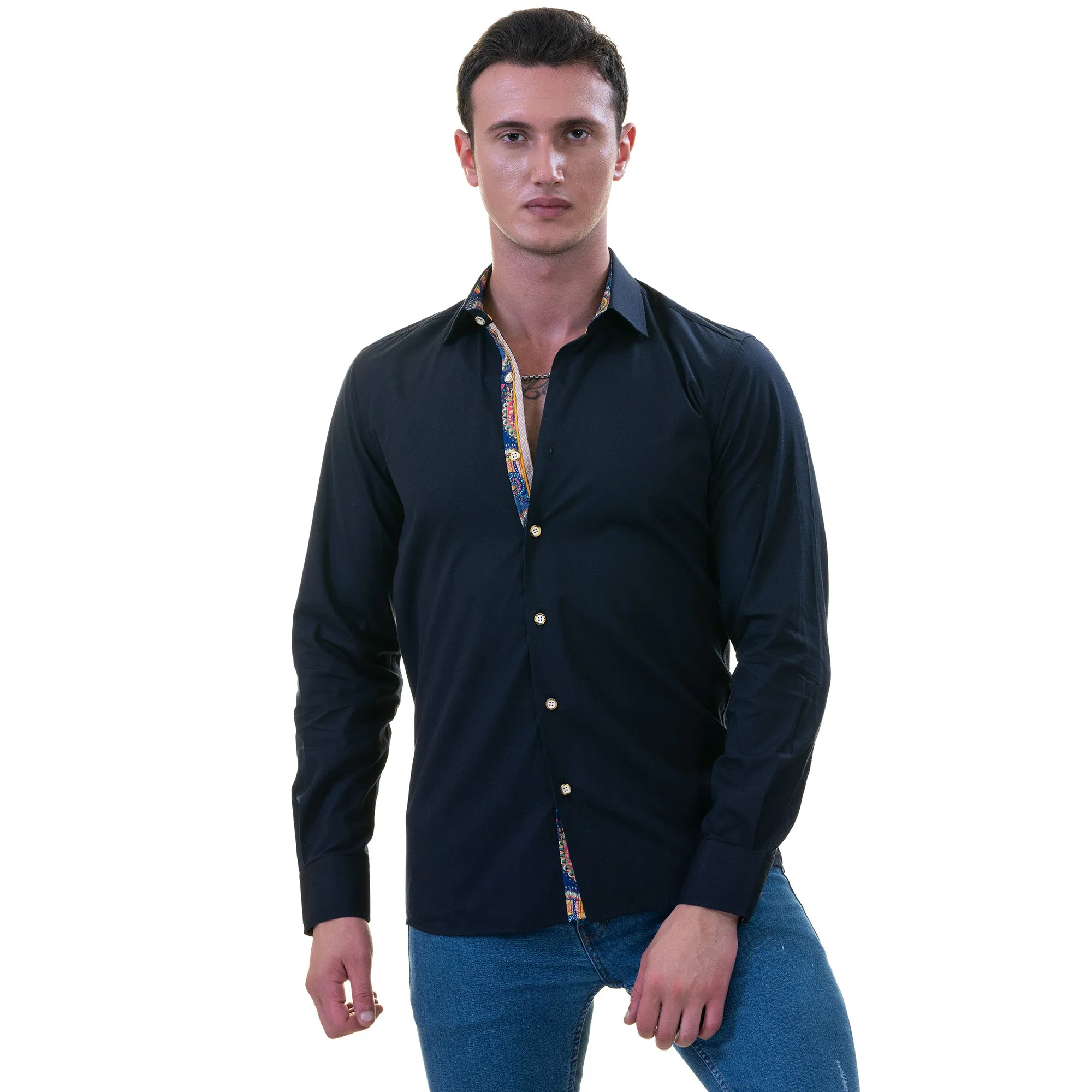 Black inside Purple Men's   Slim Fit Designer French Cuff Shirt - Tailored Cotton Shirts for Work and Casual Wear