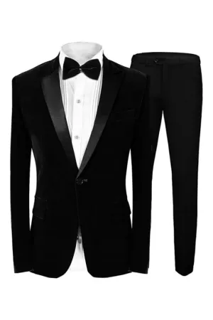 Black Peaked Lapel Two Pieces Velvet Prom Suits Groom Wedding Men Suit