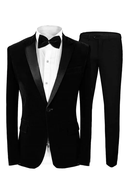 Black Peaked Lapel Two Pieces Velvet Prom Suits Groom Wedding Men Suit