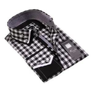 Black White Checkers Mens Slim Fit Designer French Cuff Shirt - tailored Cotton Shirts for Work and Casual