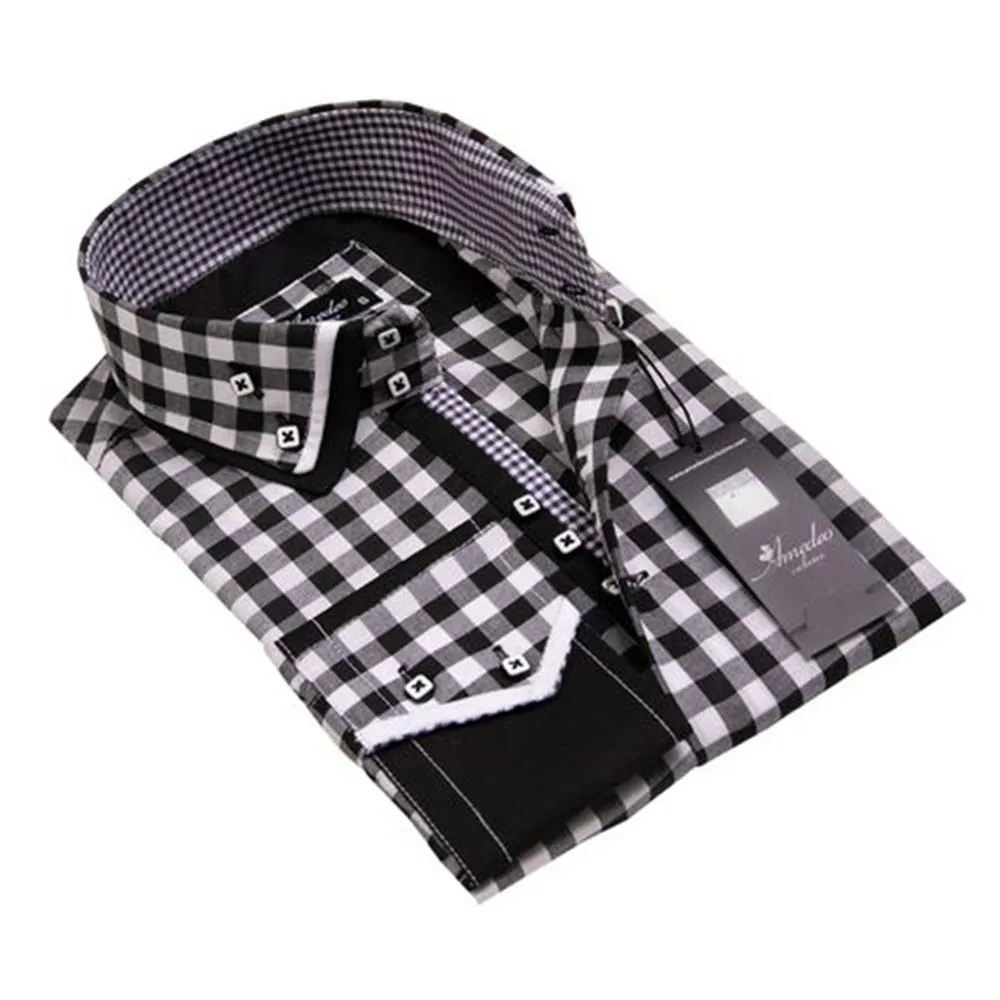 Black White Checkers Mens Slim Fit Designer French Cuff Shirt - tailored Cotton Shirts for Work and Casual
