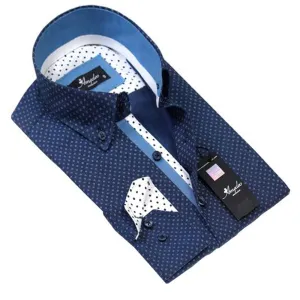 Blue Dots Mens Slim Fit Designer French Cuff Shirt - tailored Cotton Shirts for Work and Casual Wear