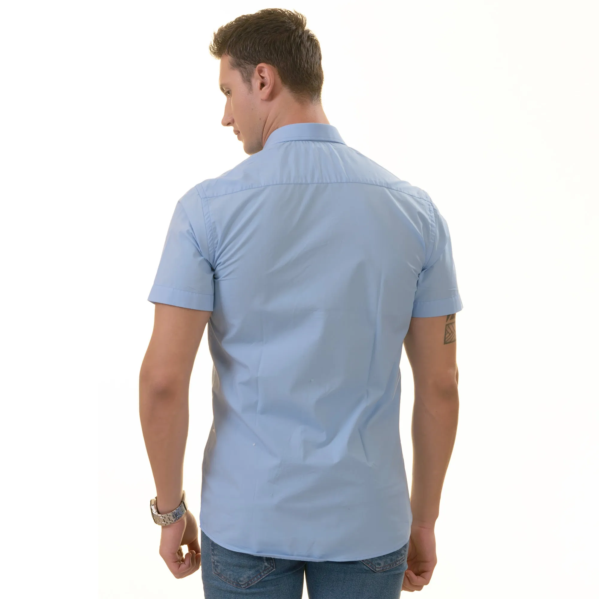 Blue inside different Paisley  Short Sleeve Button up Shirts - Tailored Slim Fit Cotton French Cuff