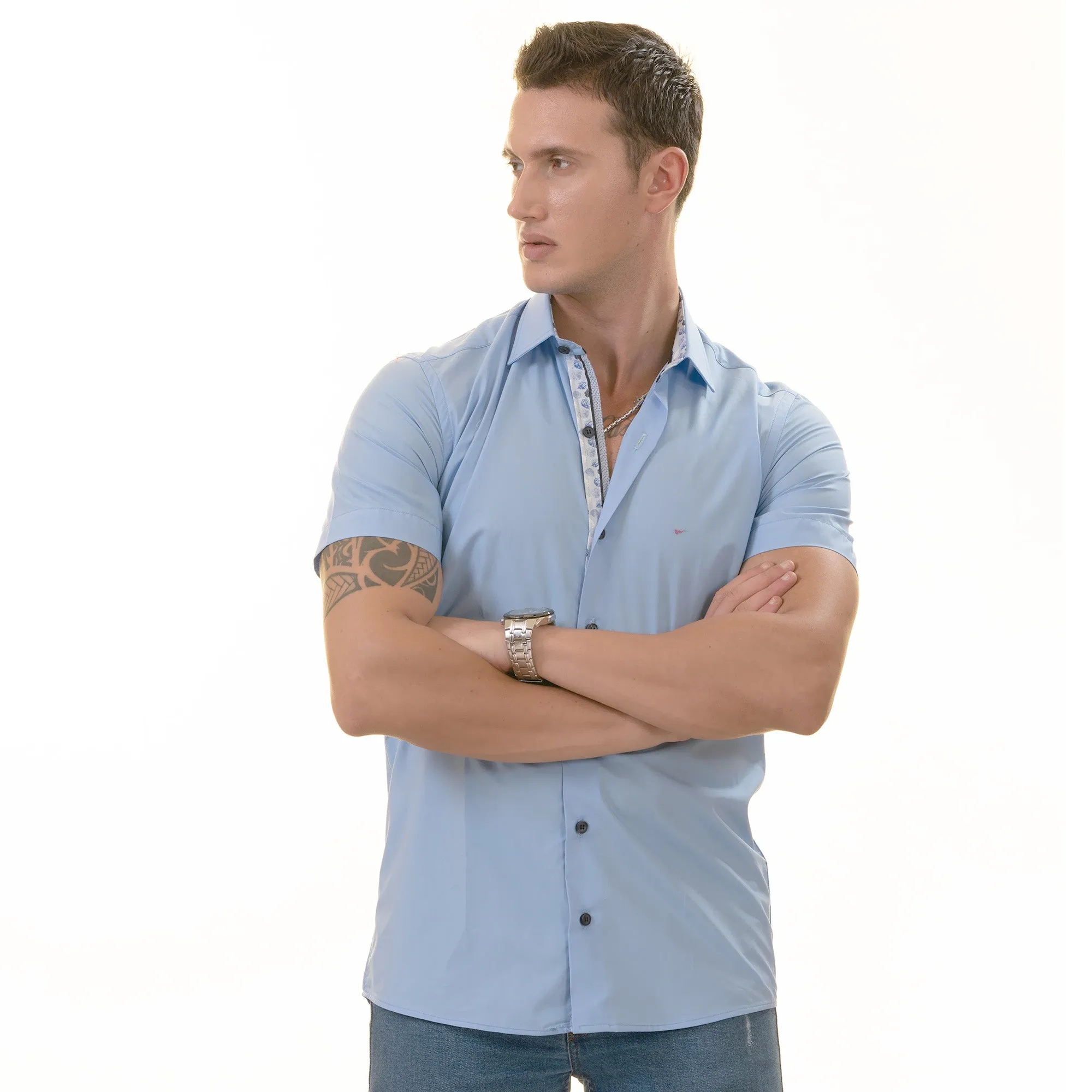 Blue inside different Paisley  Short Sleeve Button up Shirts - Tailored Slim Fit Cotton French Cuff