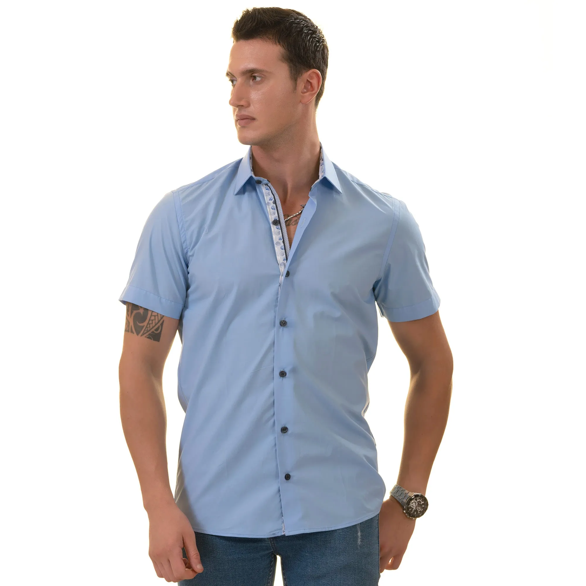 Blue inside different Paisley  Short Sleeve Button up Shirts - Tailored Slim Fit Cotton French Cuff