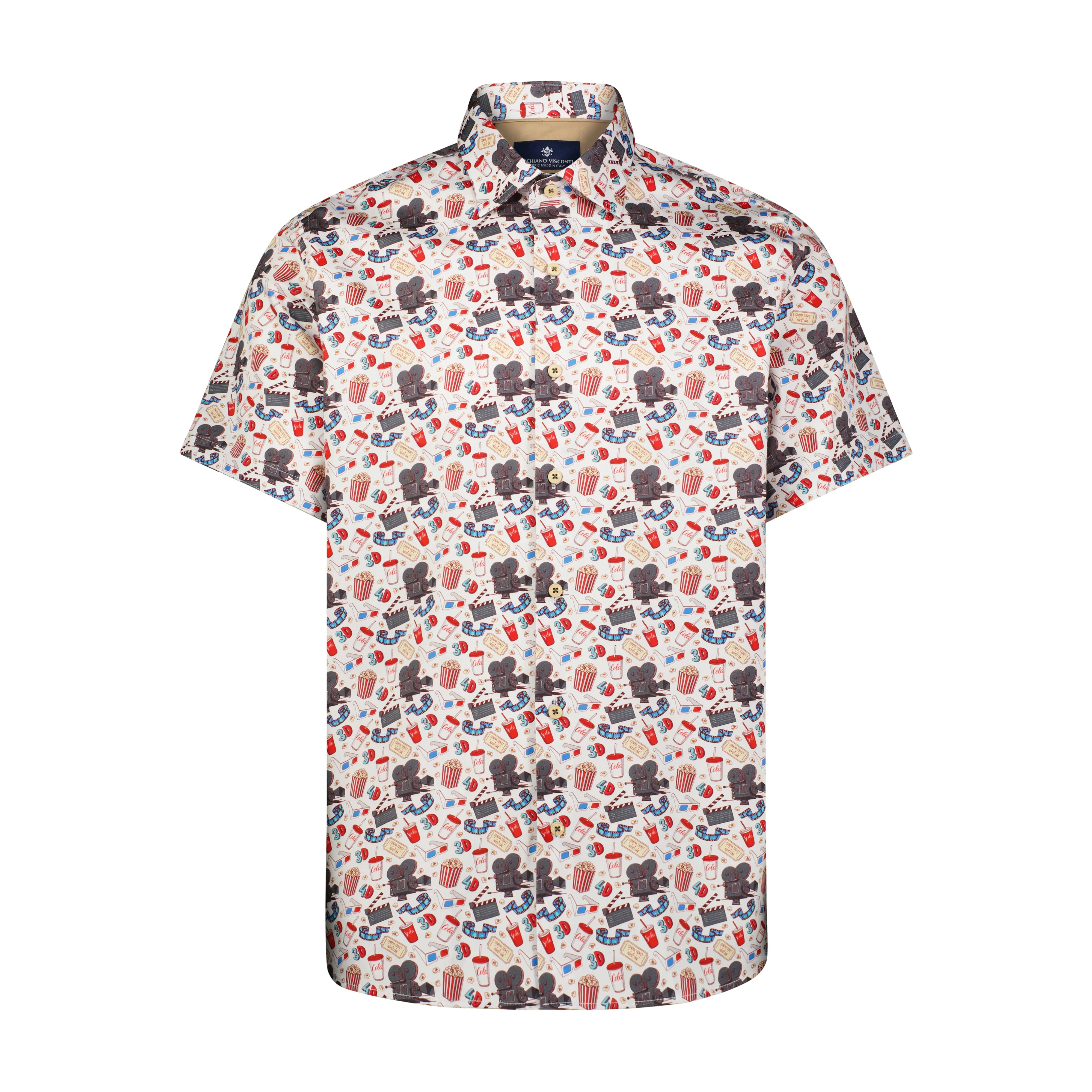 Blue, Red, and Teal Movie Print Short Sleeve Shirt