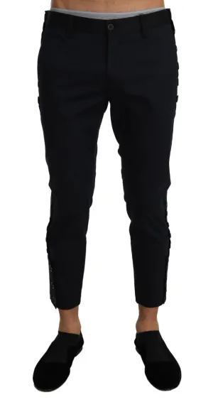 Blue Wool Cropped Stretch Trousers Pants