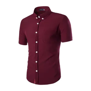 Burgandy Mens Short Sleeve Button up Shirts - Tailored Slim Fit Cotton Dress Shirts