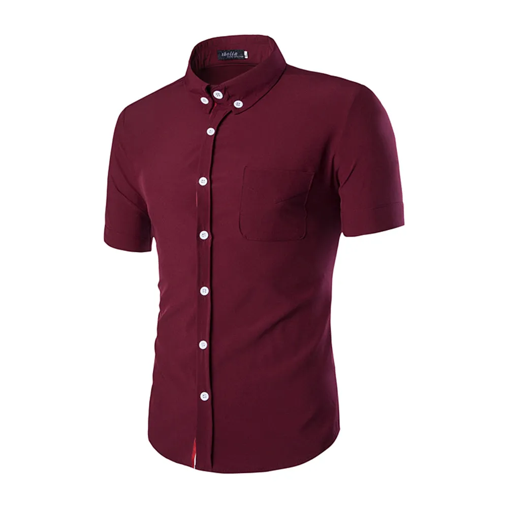 Burgandy Mens Short Sleeve Button up Shirts - Tailored Slim Fit Cotton Dress Shirts