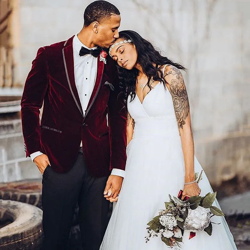 Burgundy Velvet One Button Wedding Groom Suit for Men