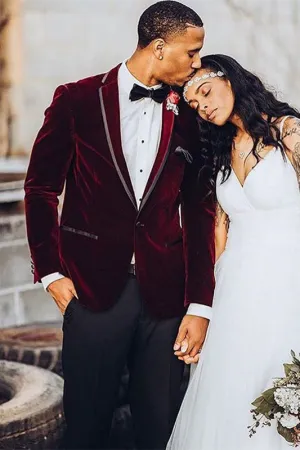 Burgundy Velvet One Button Wedding Groom Suit for Men