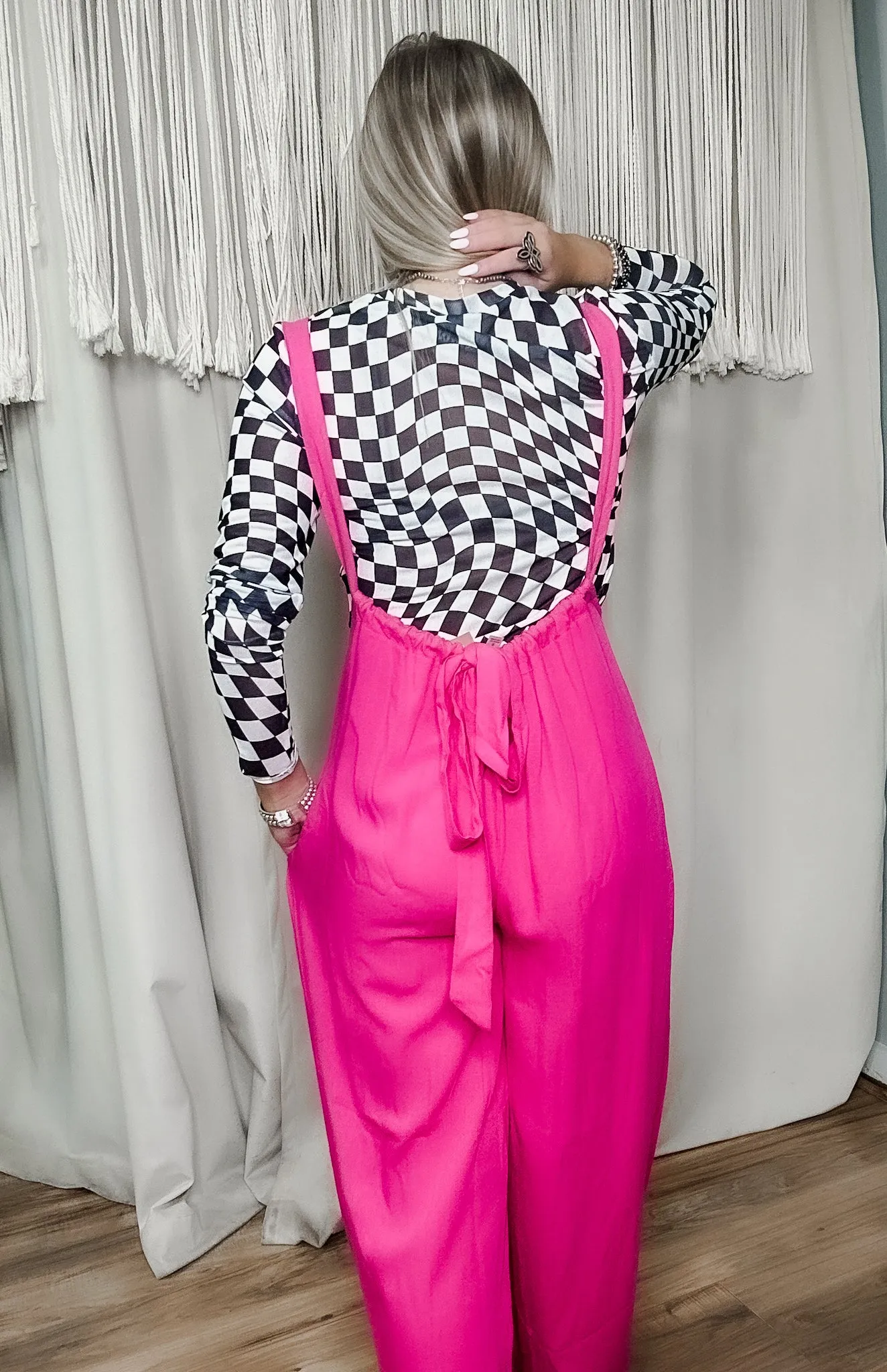 Checkered Mesh Mock Neck Long Sleeve