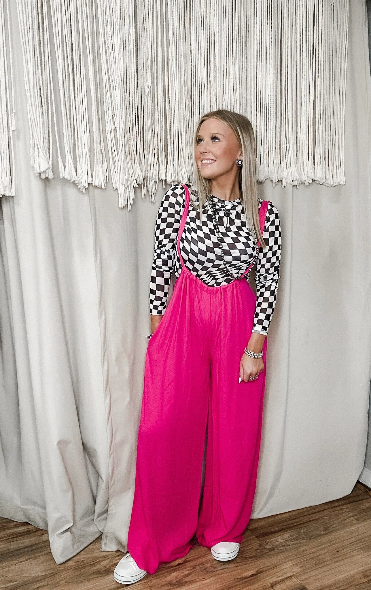 Checkered Mesh Mock Neck Long Sleeve