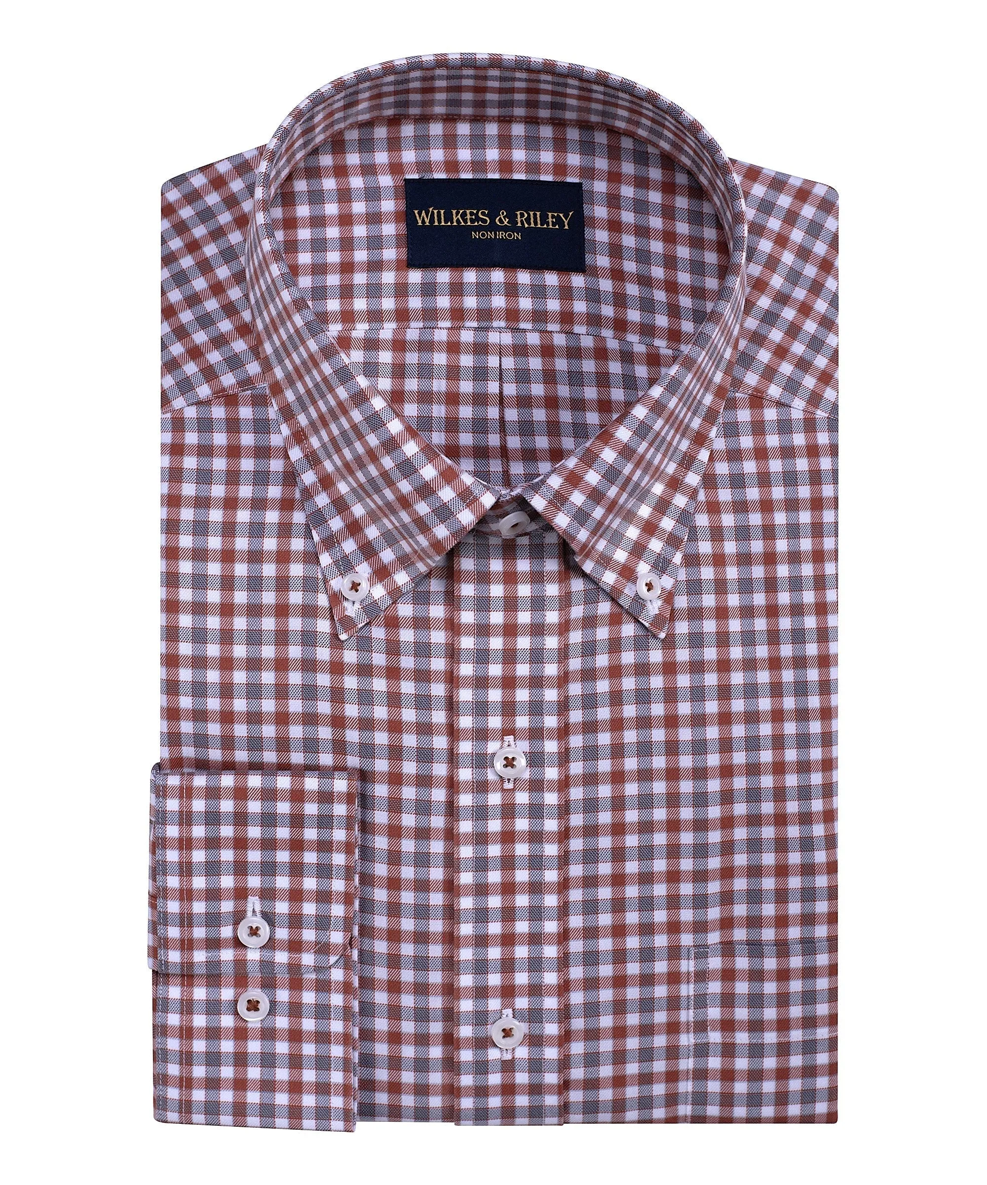Classic Fit Rust/Grey Twill Check Button-Down Collar Non-Iron Sport Shirt