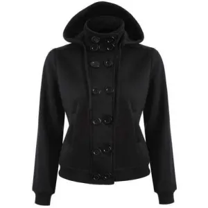Double Breasted High Collar Hoodie Jacket - Black M