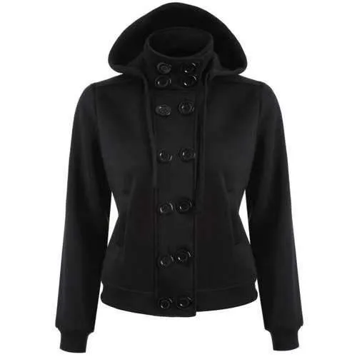 Double Breasted High Collar Hoodie Jacket - Black M