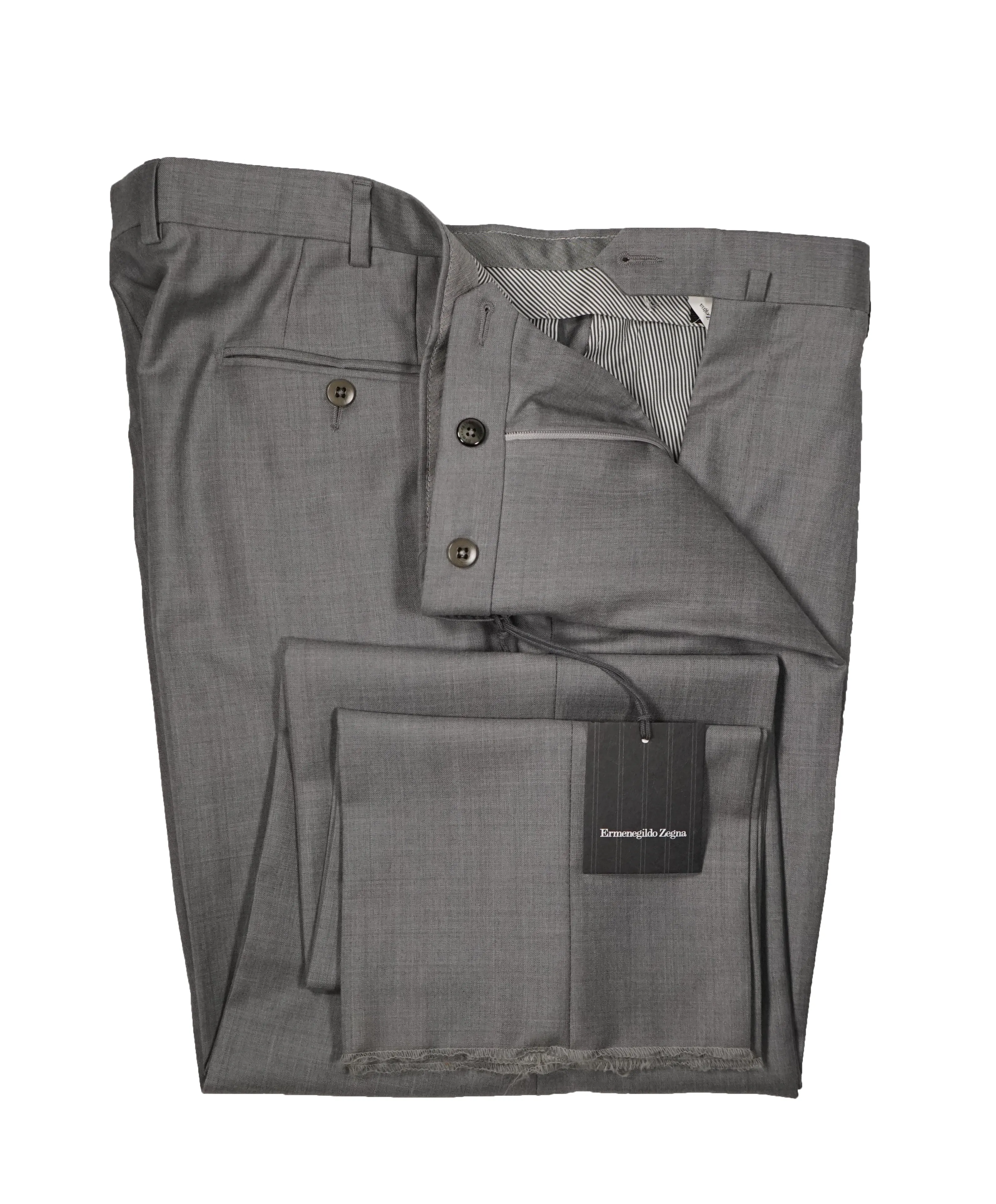 ERMENEGILDO ZEGNA - Gray “TROFEO" Flat Front Wool Trousers  - 39W