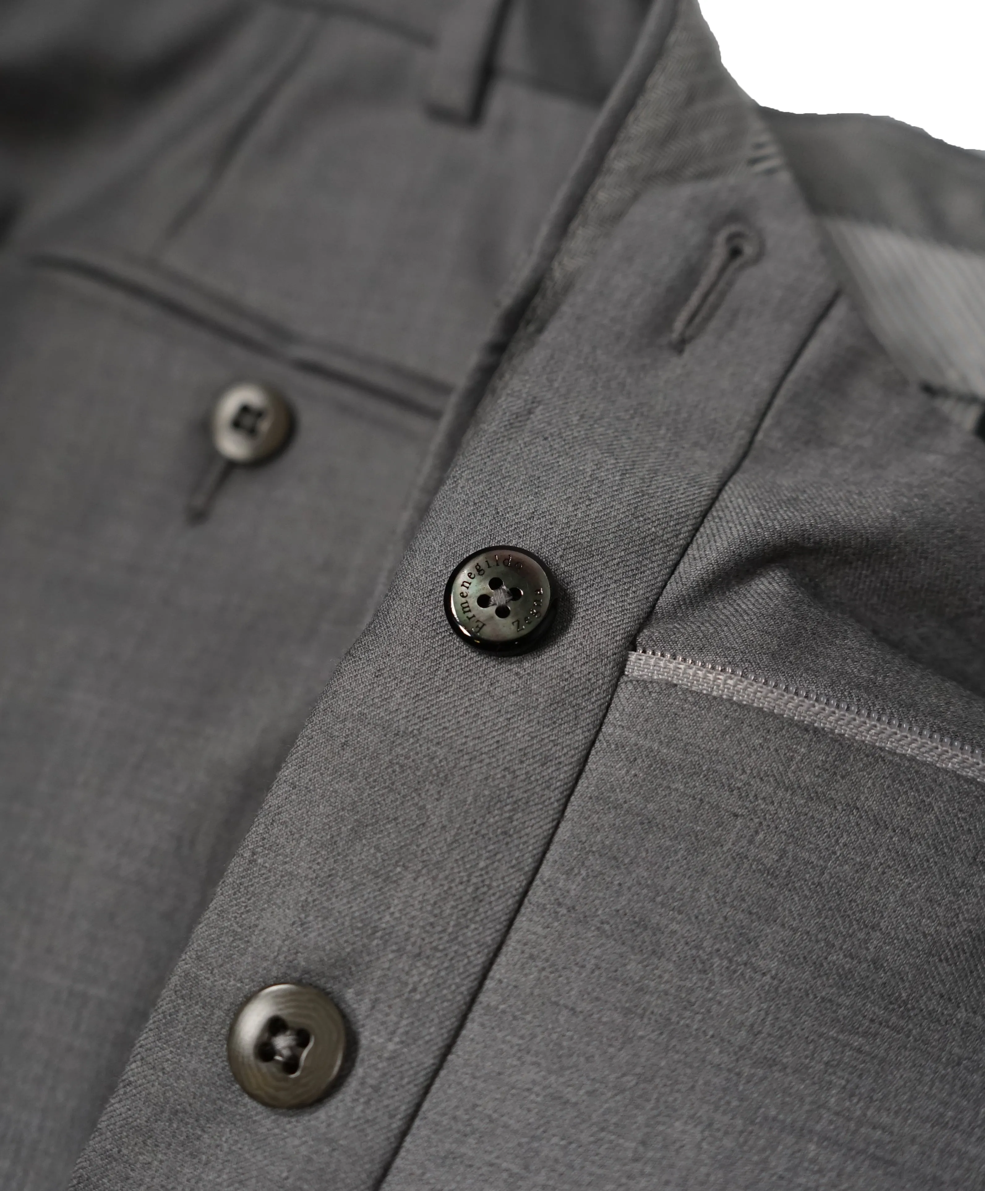 ERMENEGILDO ZEGNA - Gray “TROFEO" Flat Front Wool Trousers  - 39W