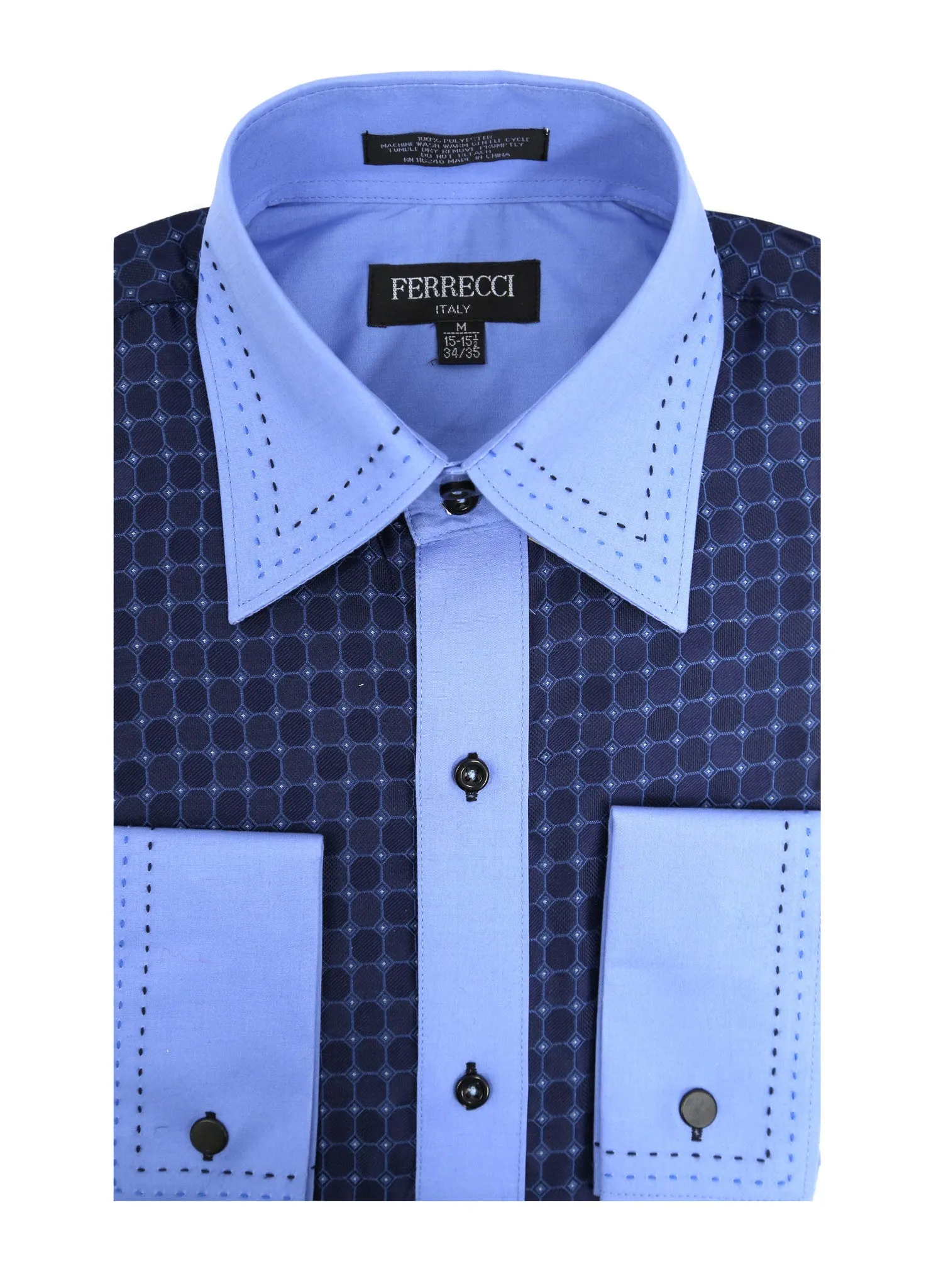 Ferrecci Men's Satine Hi-1011 Blue Repeated Circle Pattern Button Down Dress Shirt