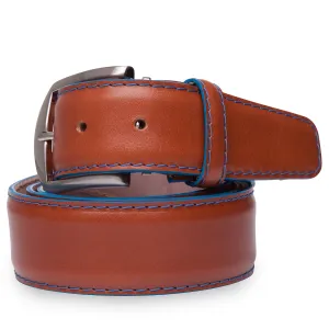 French Calf Custom Belt in Cognac w/ Denim Edge & Stitch
