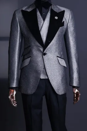 Glitter Gray Three Pieces Prom Suits One Button with Black Velvet Peaked Lapel Wedding Party Wear Suits