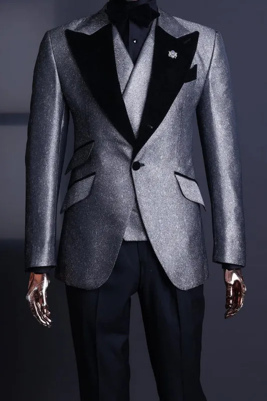 Glitter Gray Three Pieces Prom Suits One Button with Black Velvet Peaked Lapel Wedding Party Wear Suits