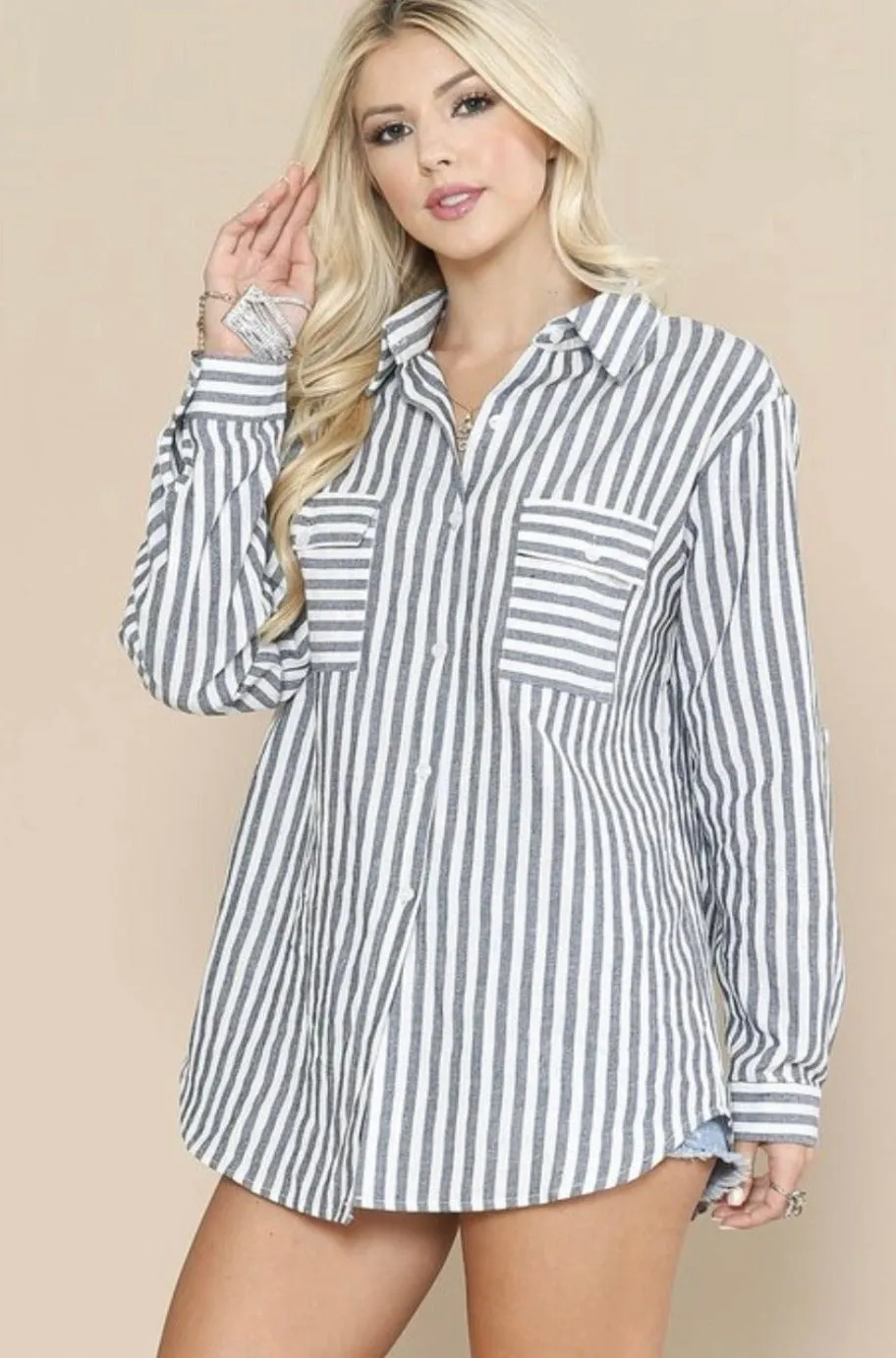 Gray and White Stripe Top
