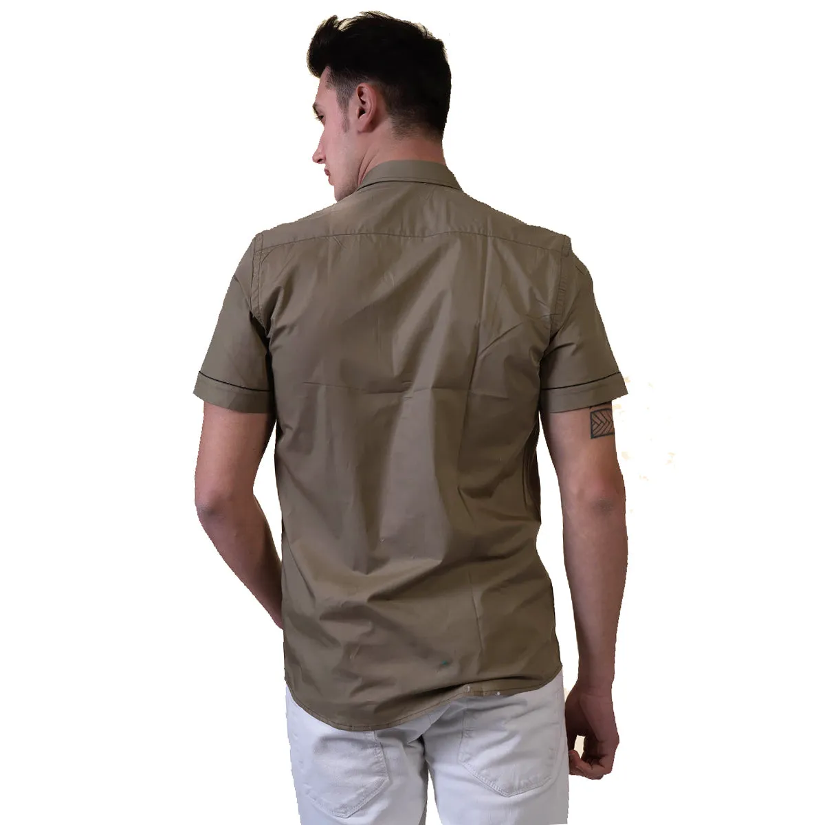 Green Mens Short Sleeve Button up Shirts - Tailored Slim Fit Cotton Dress Shirts