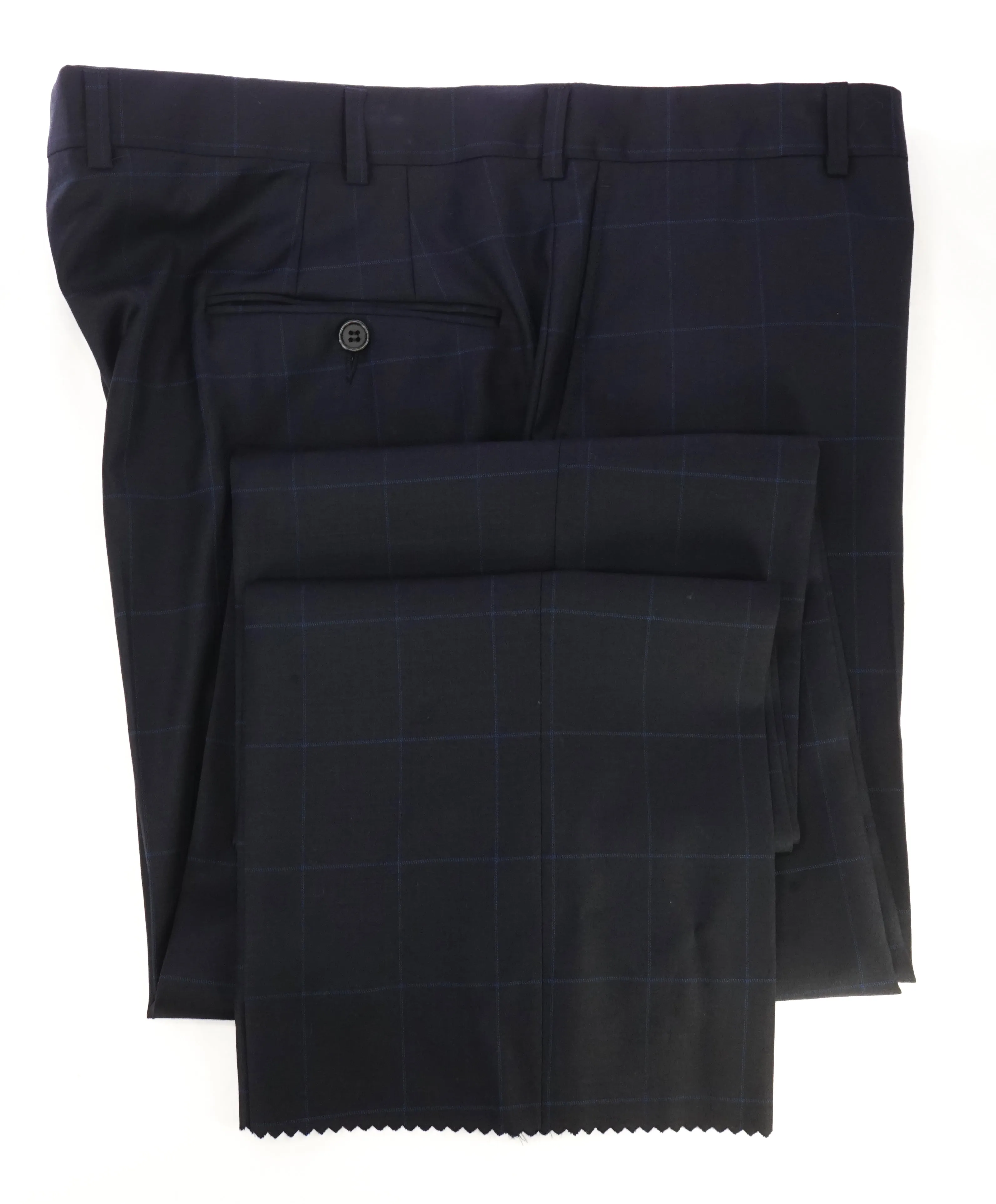 HICKEY FREEMAN - Navy Bold Windowpane Plaid Wool Flat Front Dress Pants - 39W