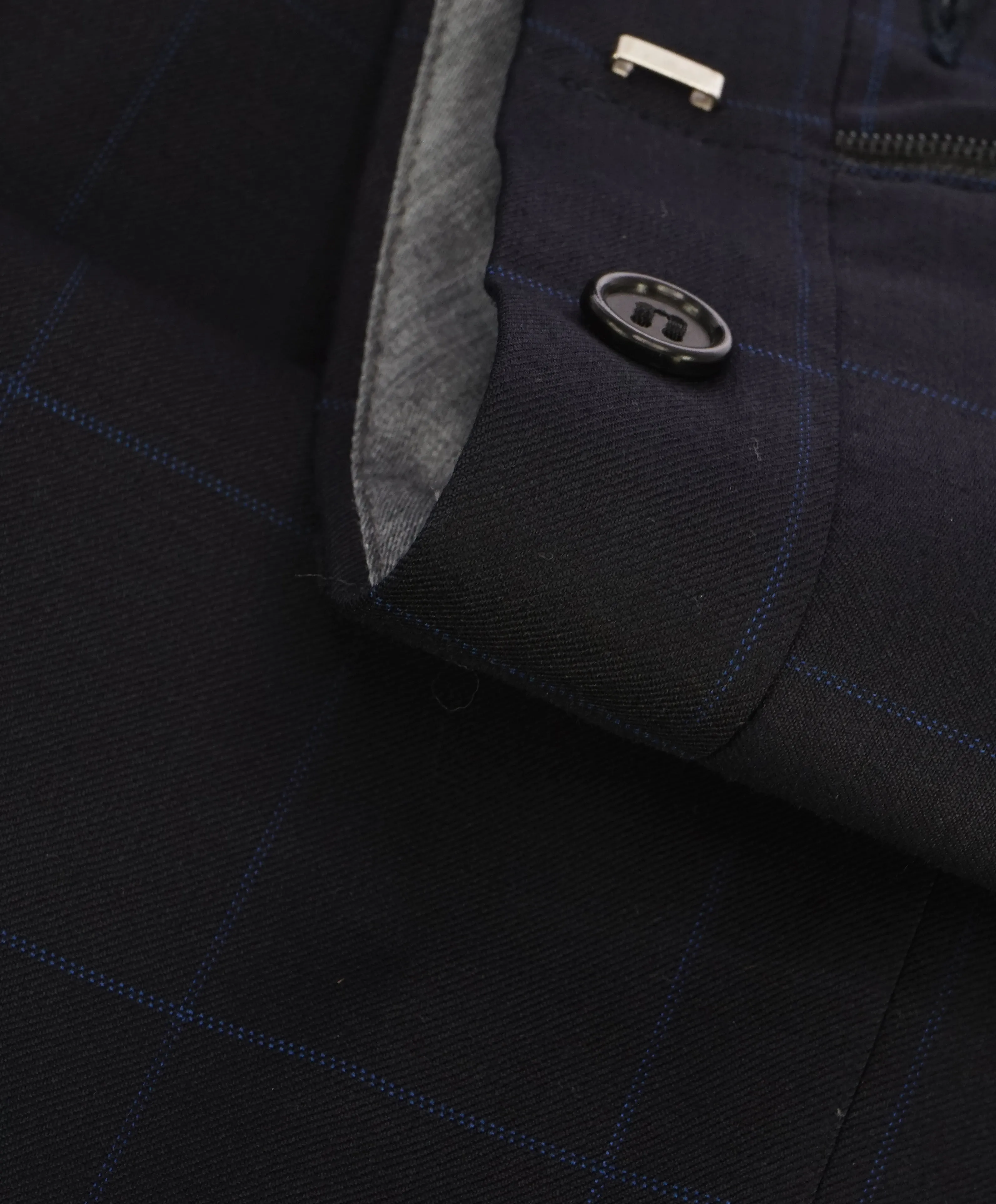 HICKEY FREEMAN - Navy Bold Windowpane Plaid Wool Flat Front Dress Pants - 39W