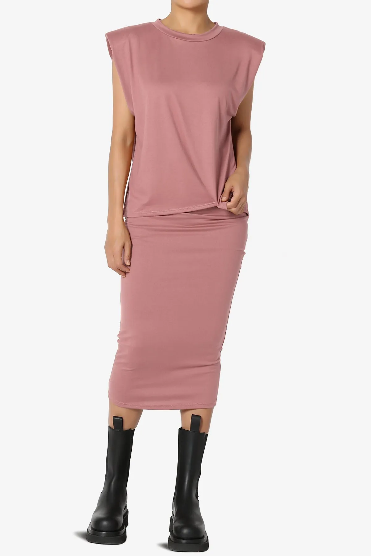 Joey Padded Shoulder Tank Top & Midi Pencil Skirt SET