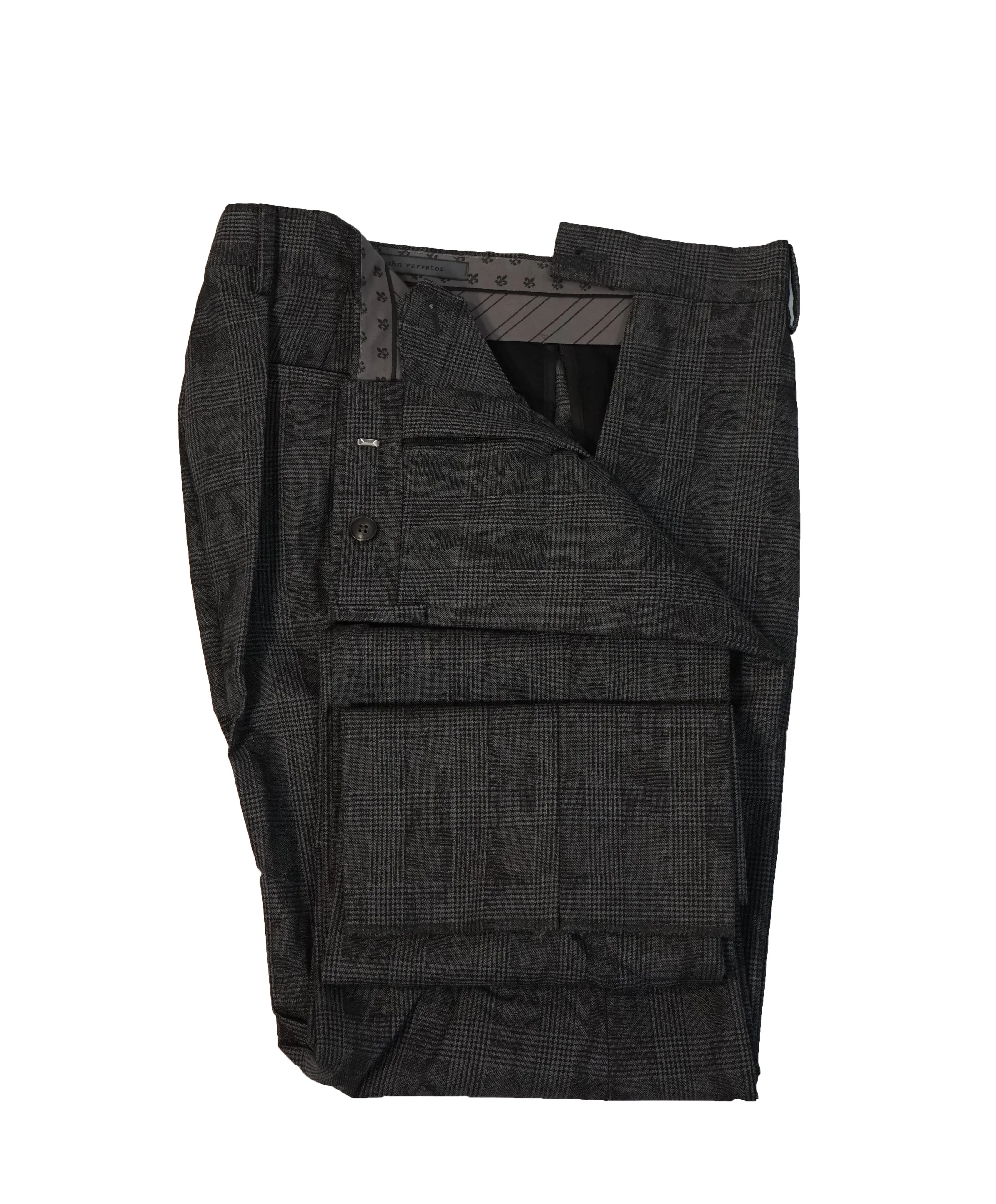 JOHN VARVATOS - Gray Plaid & Abstract Pattern Flat Front Dress Pants - 31