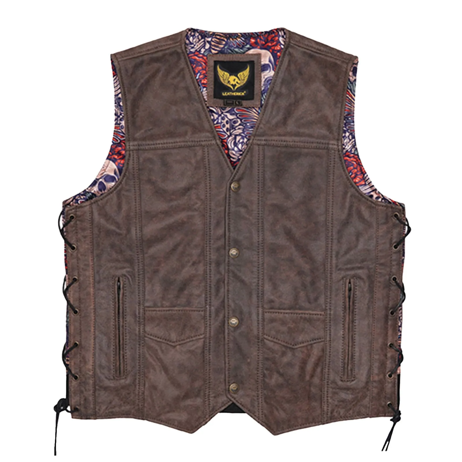 Leatherick Classic Brown Leather Vest With Side Laces