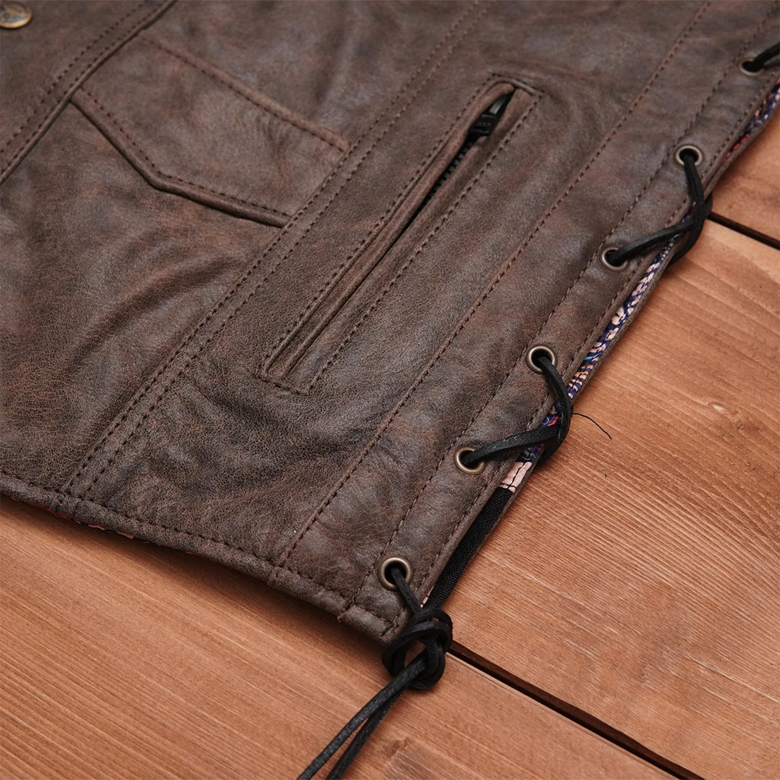 Leatherick Classic Brown Leather Vest With Side Laces