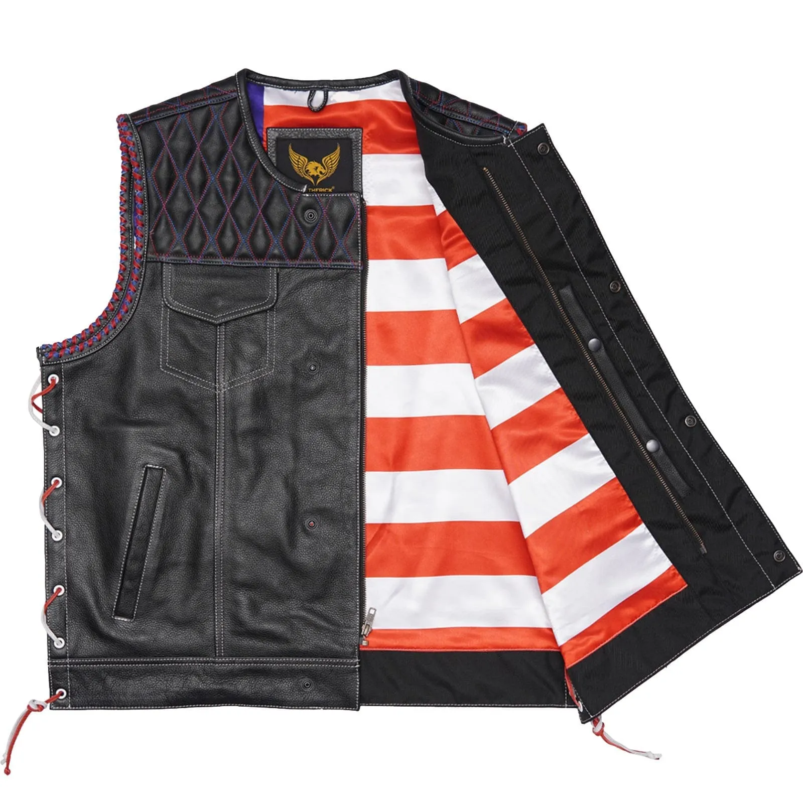 Leatherick Diamond Stitch Collarless Custom Biker Vest