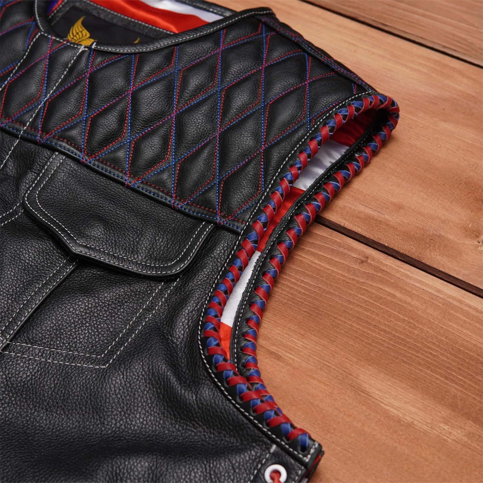 Leatherick Diamond Stitch Collarless Custom Biker Vest