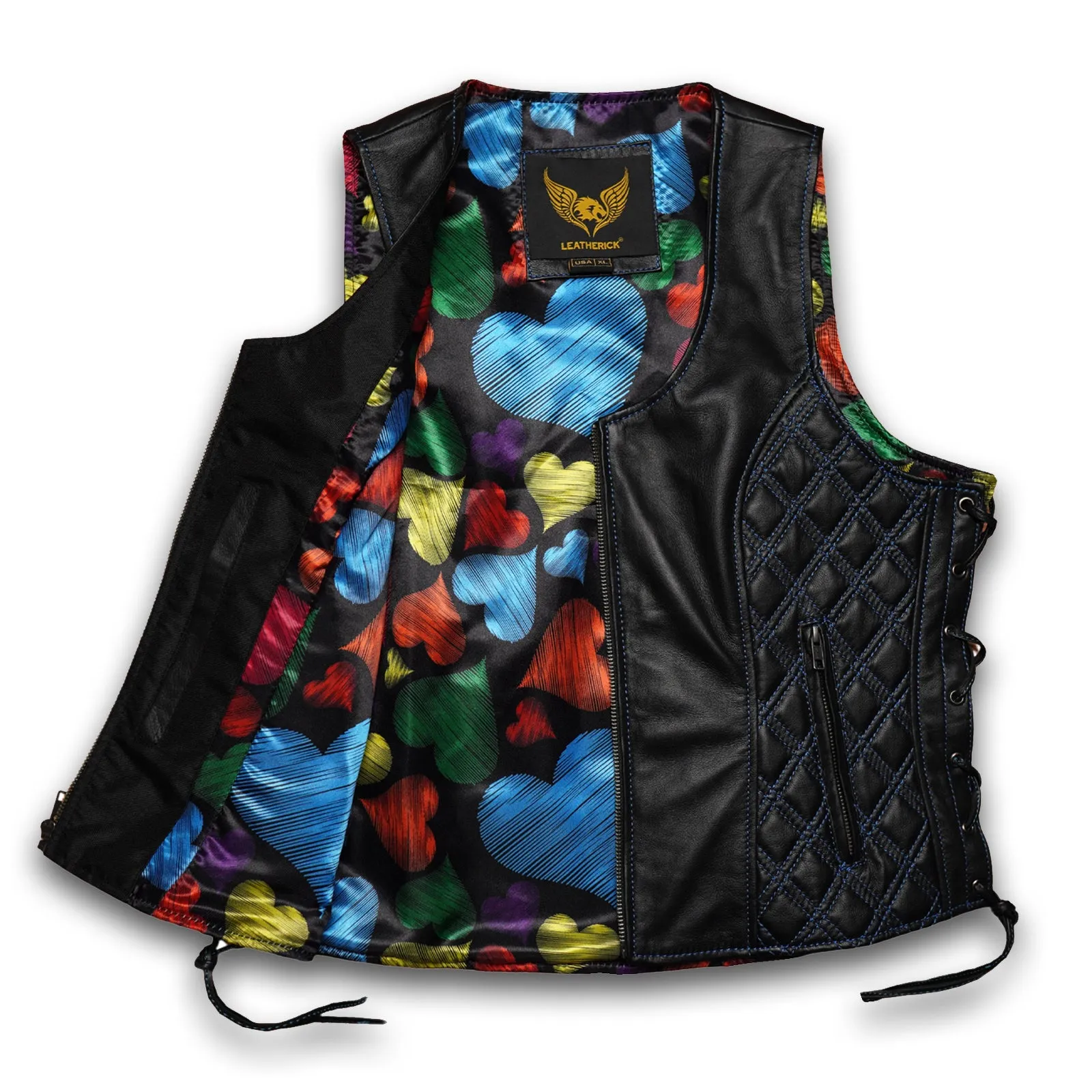 Leatherick Ladies Classic Custom Black biker Leather Vest With Laces in 2XL