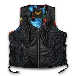 Leatherick Ladies Classic Custom Black biker Leather Vest With Laces in 2XL