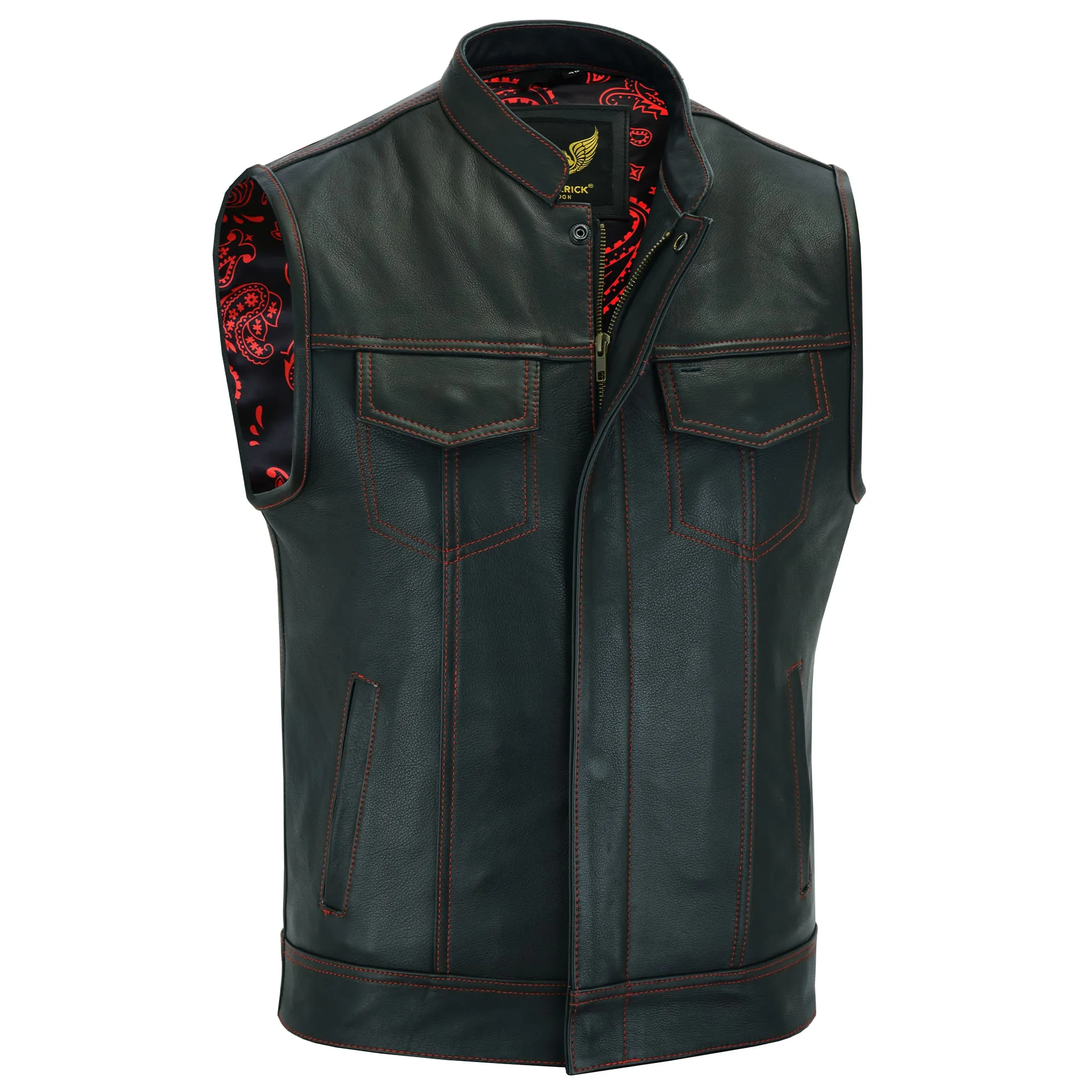 Leatherick Men Red Stitch Leather Biker Vest With Paisley Liner