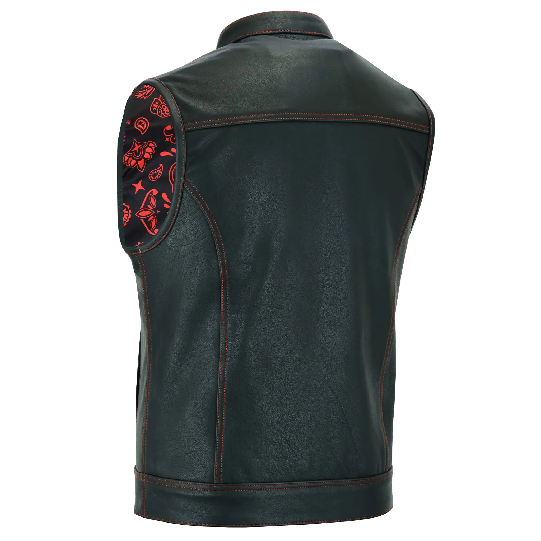 Leatherick Men Red Stitch Leather Biker Vest With Paisley Liner