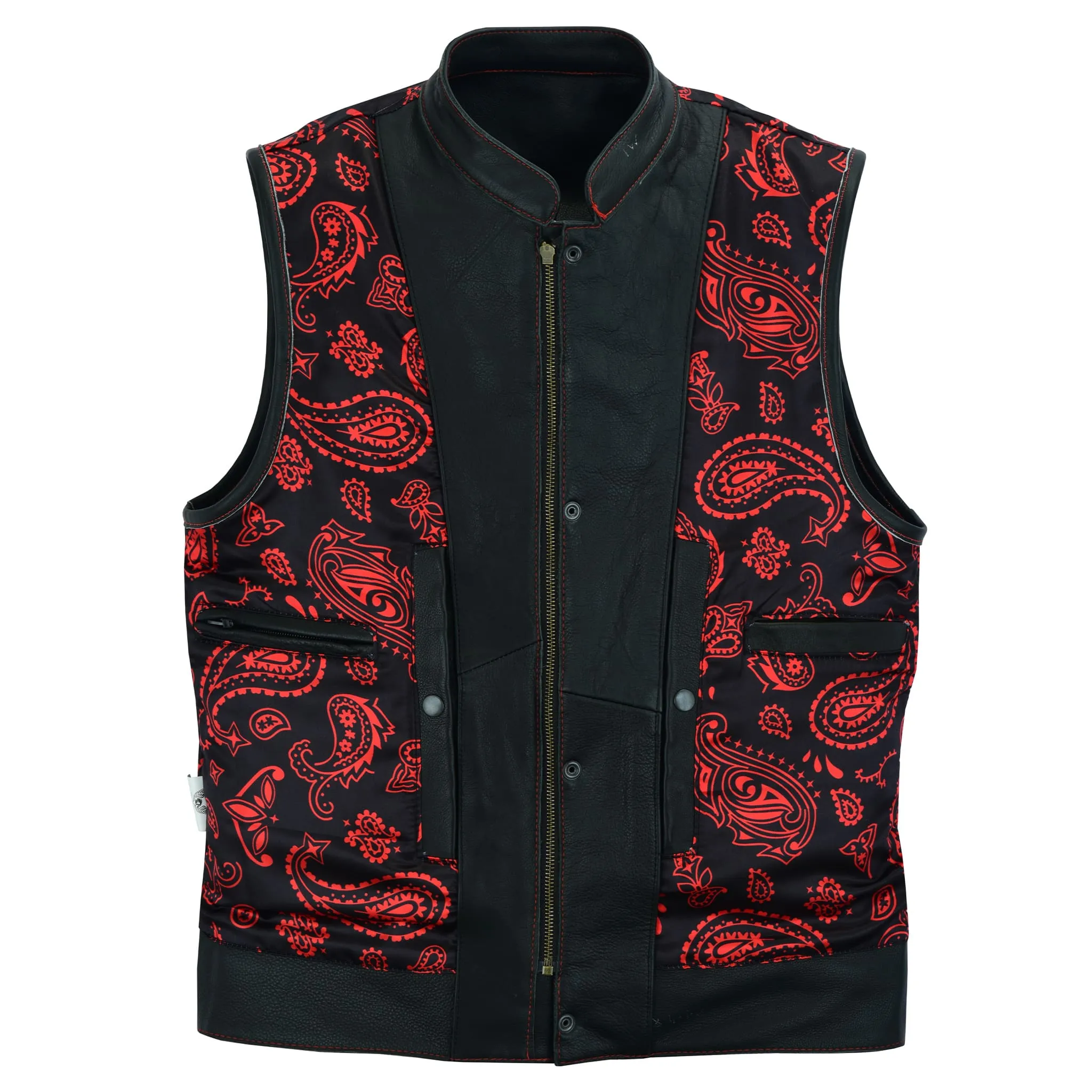Leatherick Men Red Stitch Leather Biker Vest With Paisley Liner